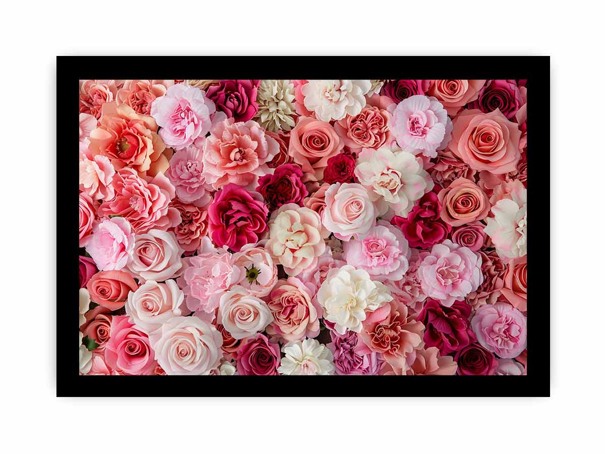Pink floral canvas print with roses and layered blossoms for elegant bedroom wall decor.