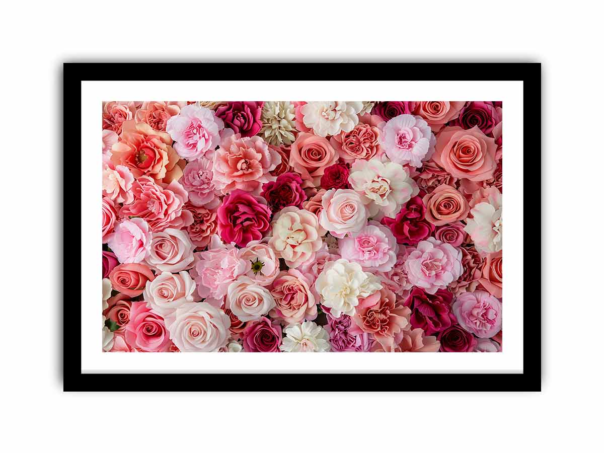 Pink floral canvas print with roses and layered blossoms for elegant bedroom wall decor.
