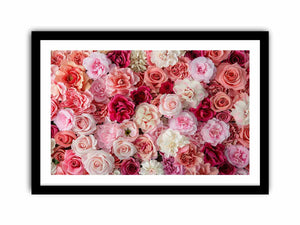 Pink floral canvas print with roses and layered blossoms for elegant bedroom wall decor.