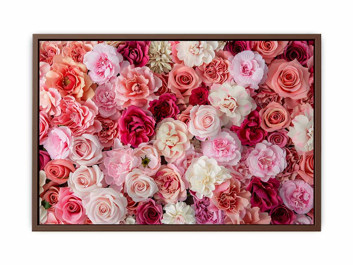 Pink floral canvas print with roses and layered blossoms for elegant bedroom wall decor.