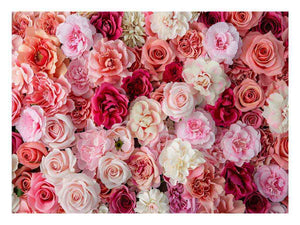 Pink floral canvas print with roses and layered blossoms for elegant bedroom wall decor.