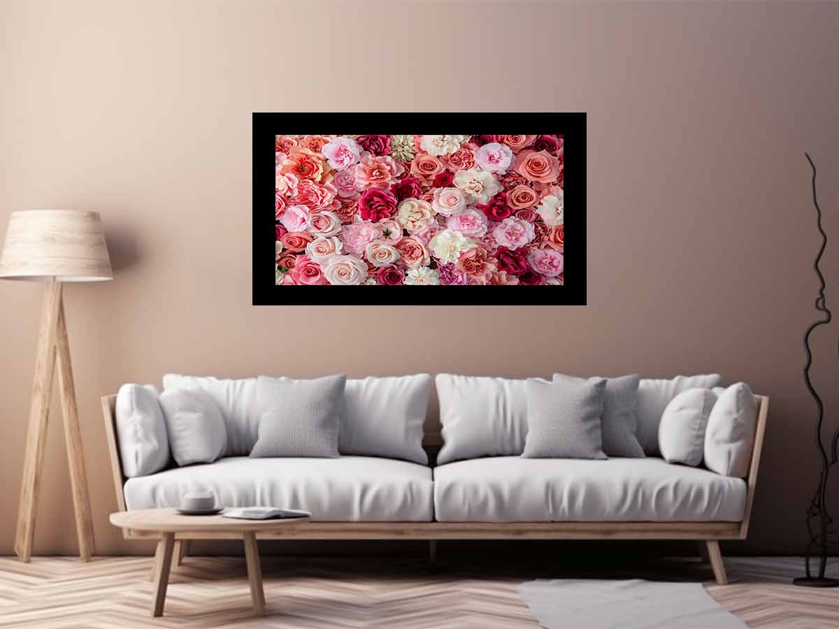 Pink floral canvas print with roses and layered blossoms for elegant bedroom wall decor.