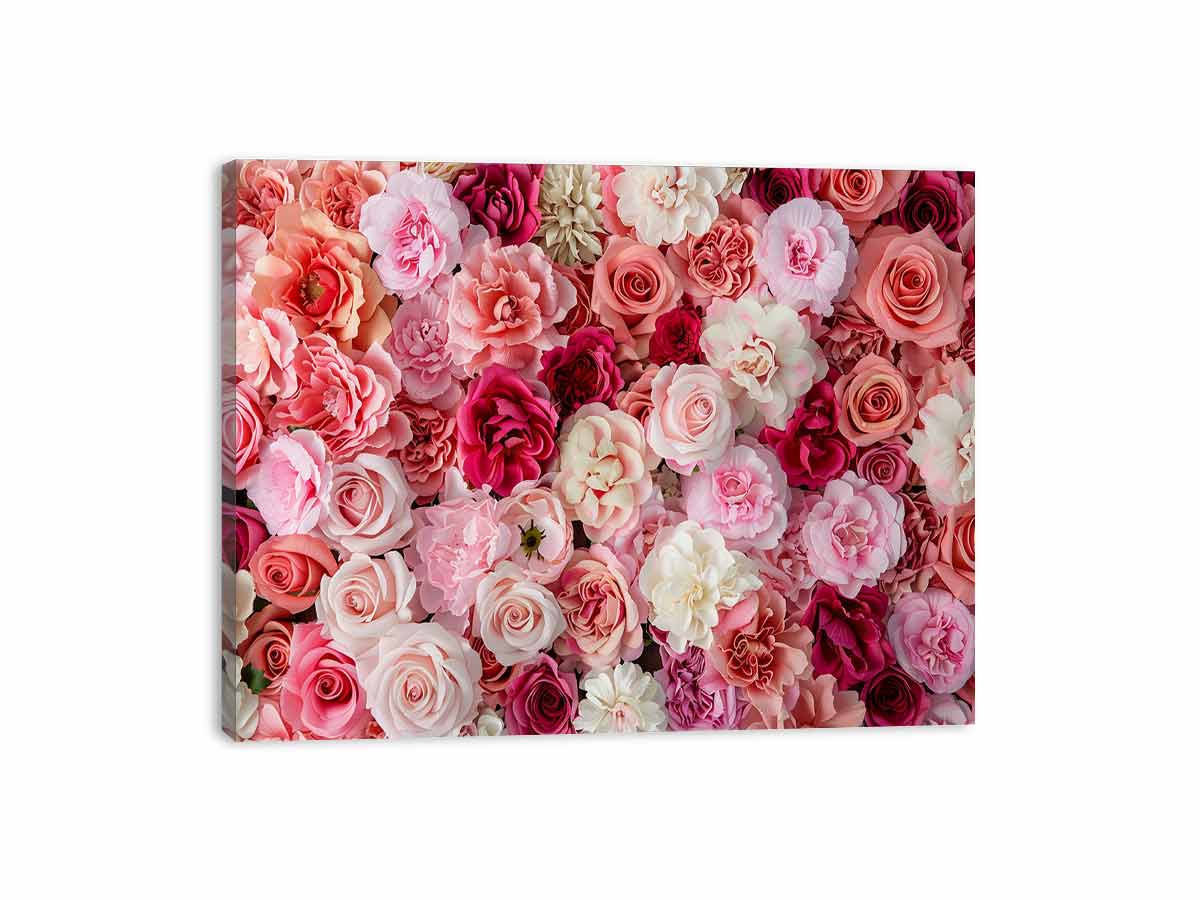 Pink floral canvas print with roses and layered blossoms for elegant bedroom wall decor.