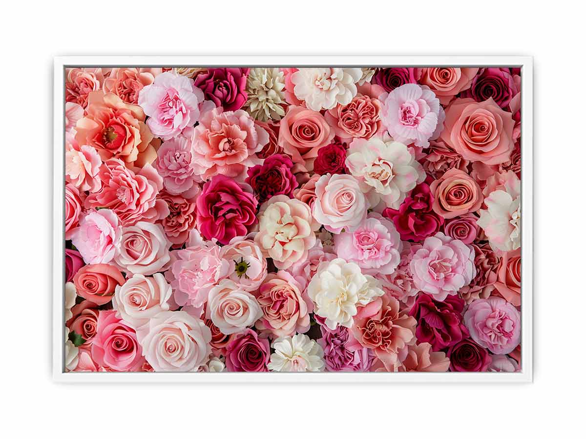 Pink floral canvas print with roses and layered blossoms for elegant bedroom wall decor.