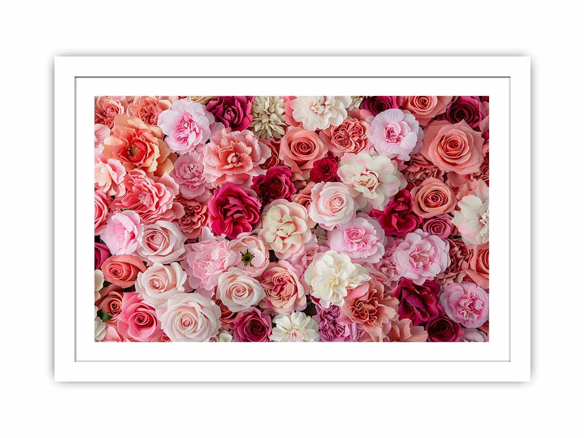 Pink floral canvas print with roses and layered blossoms for elegant bedroom wall decor.