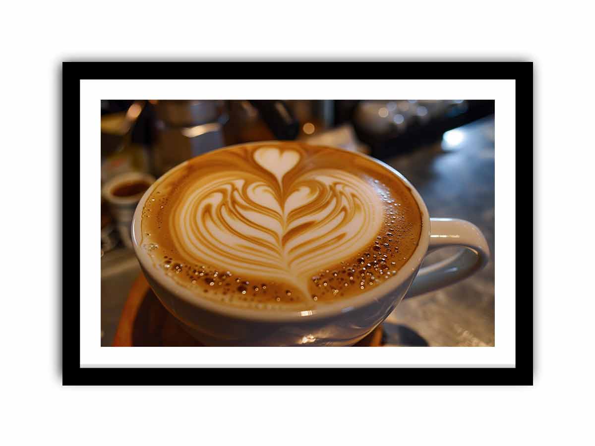 Latte art coffee canvas print with heart foam design for cozy kitchen and dining decor.