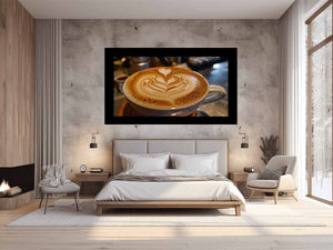 Latte art coffee canvas print with heart foam design for cozy kitchen and dining decor.