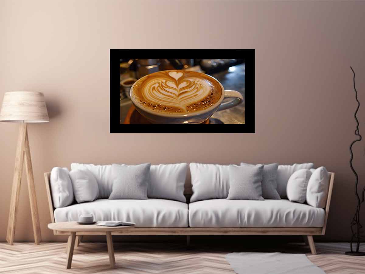 Latte art coffee canvas print with heart foam design for cozy kitchen and dining decor.