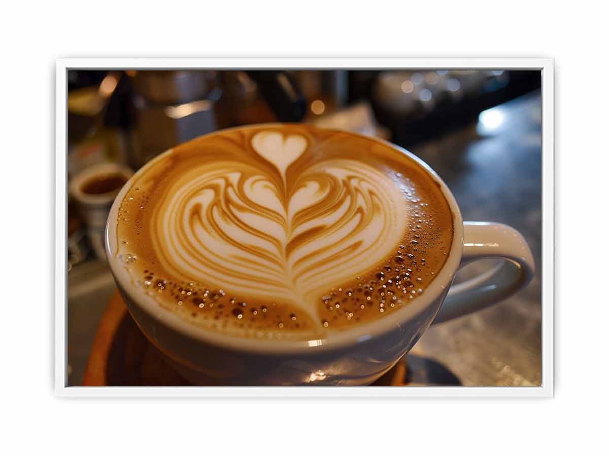 Latte art coffee canvas print with heart foam design for cozy kitchen and dining decor.