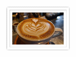 Latte art coffee canvas print with heart foam design for cozy kitchen and dining decor.