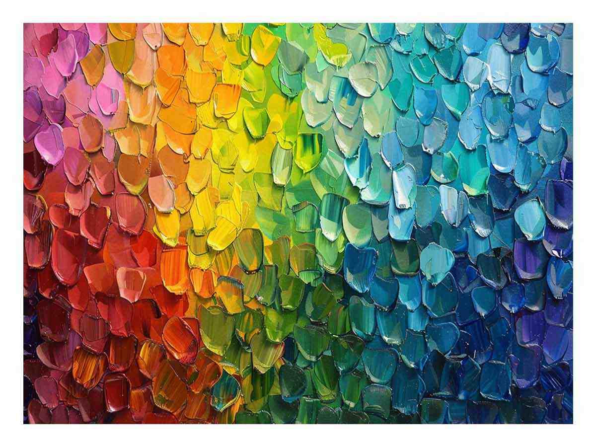 Rainbow impasto abstract canvas art with thick paint texture for bold modern living room decor.