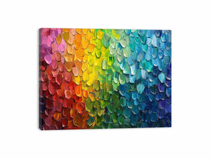 Rainbow impasto abstract canvas art with thick paint texture for bold modern living room decor.