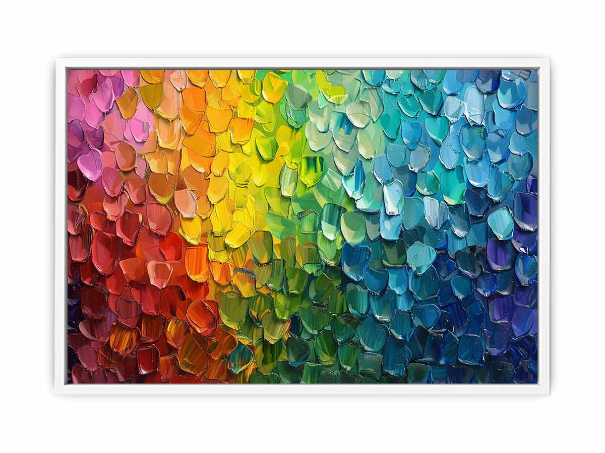 Rainbow impasto abstract canvas art with thick paint texture for bold modern living room decor.
