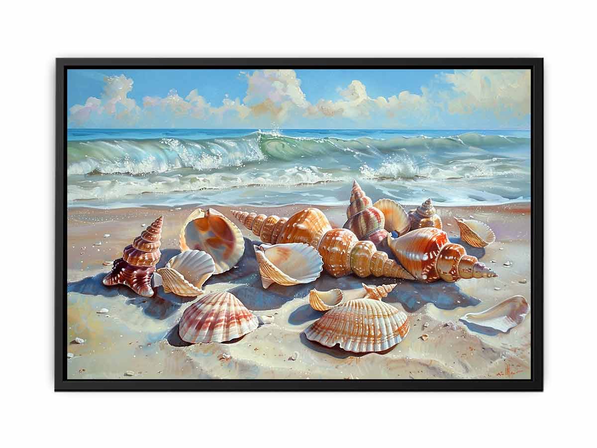 Seashells resting on a sunlit beach with rolling ocean waves for modern living rooms decor.