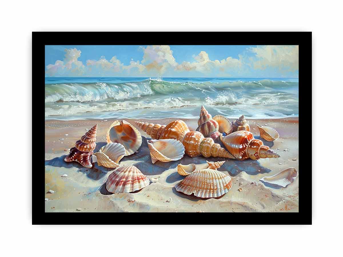 Seashells resting on a sunlit beach with rolling ocean waves for modern living rooms decor.