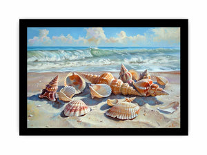 Seashells resting on a sunlit beach with rolling ocean waves for modern living rooms decor.