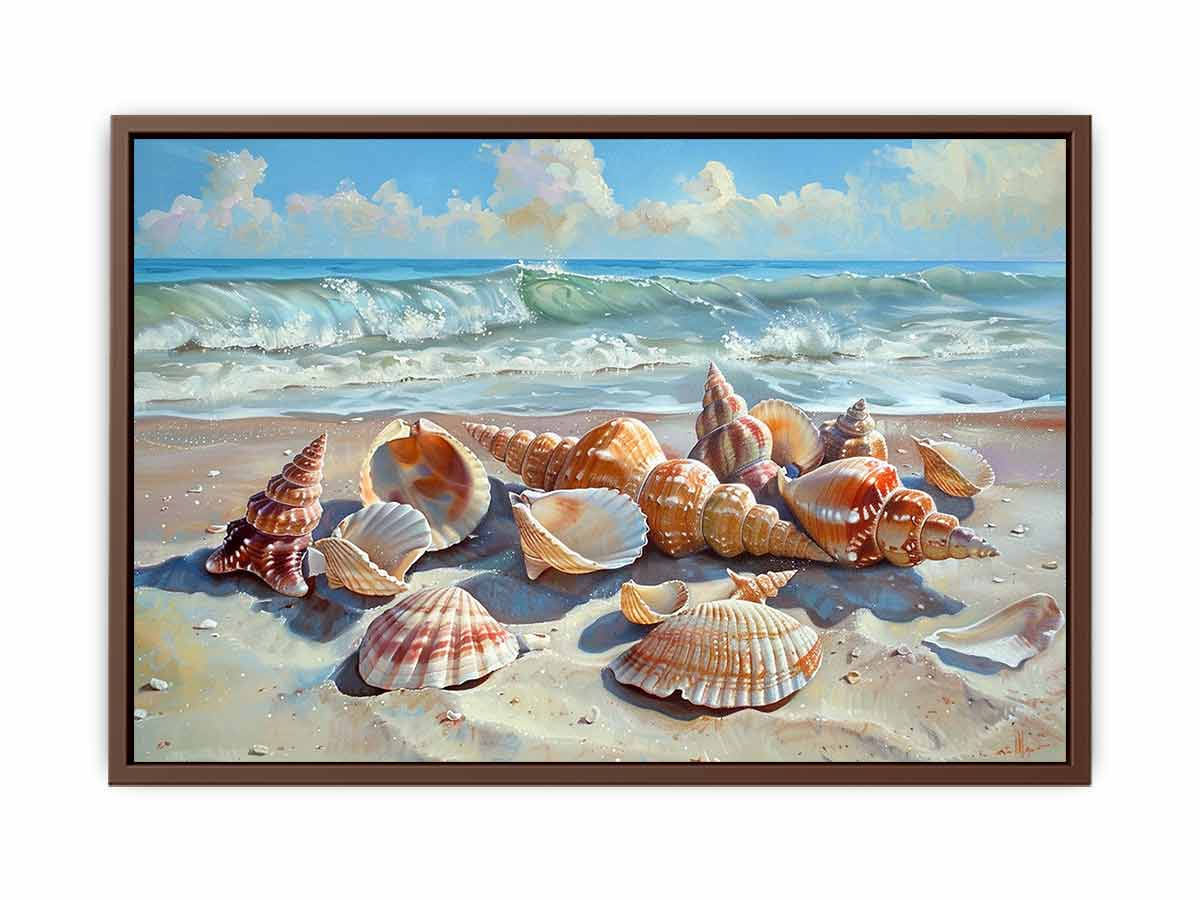 Seashells resting on a sunlit beach with rolling ocean waves for modern living rooms decor.