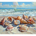 Seashells resting on a sunlit beach with rolling ocean waves for modern living rooms decor.