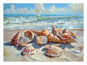 Seashells resting on a sunlit beach with rolling ocean waves for modern living rooms decor.