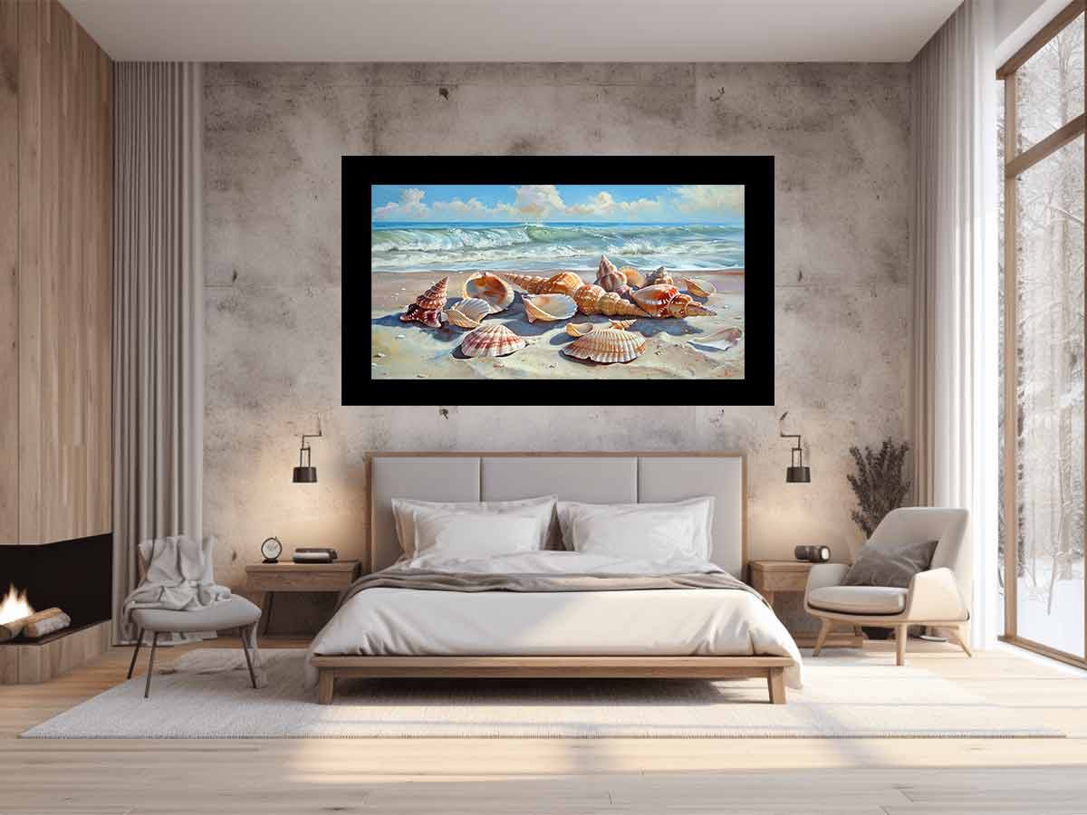Seashells resting on a sunlit beach with rolling ocean waves for modern living rooms decor.