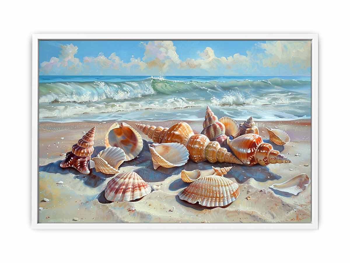 Seashells resting on a sunlit beach with rolling ocean waves for modern living rooms decor.