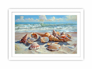 Seashells resting on a sunlit beach with rolling ocean waves for modern living rooms decor.