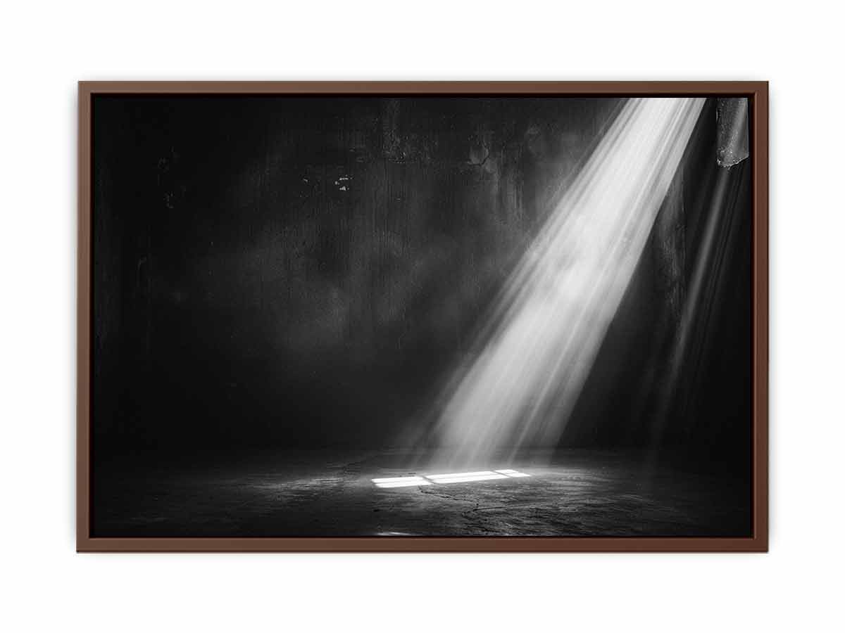 Dramatic black and white light beam entering a dark industrial room for modern living rooms decor.