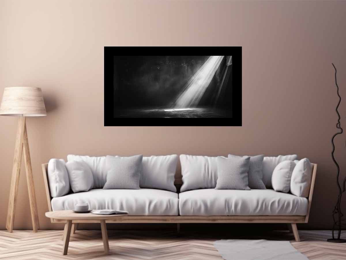 Dramatic black and white light beam entering a dark industrial room for modern living rooms decor.