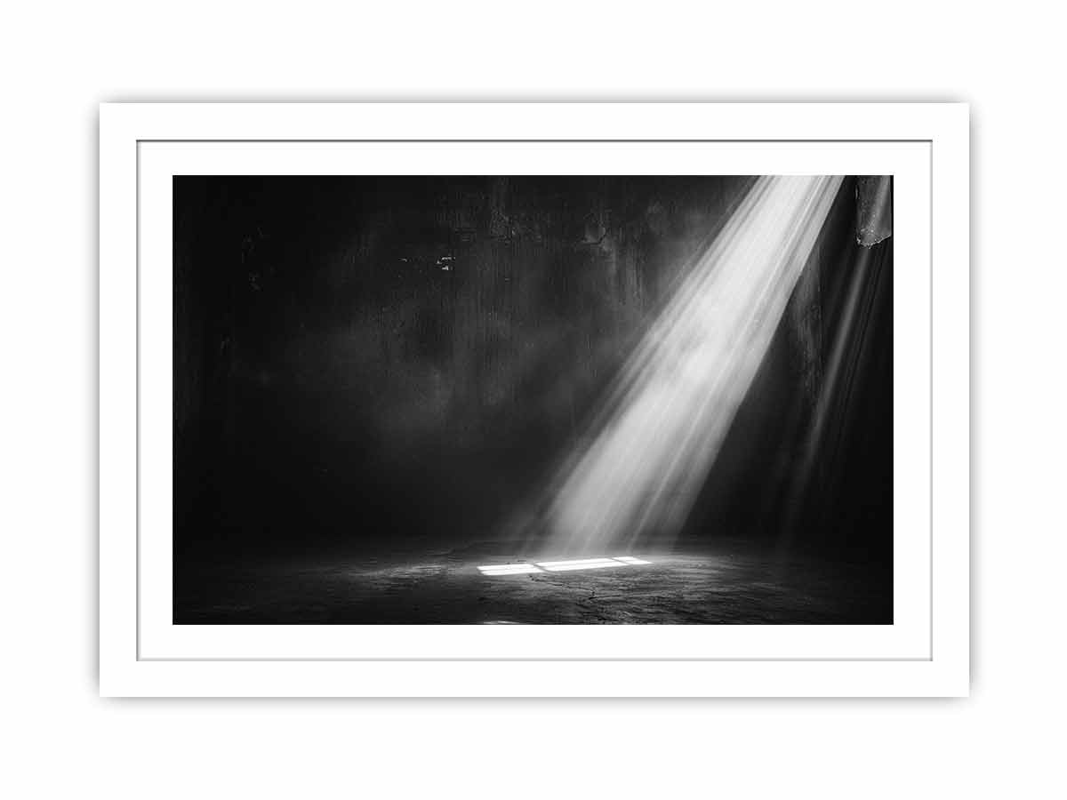 Dramatic black and white light beam entering a dark industrial room for modern living rooms decor.