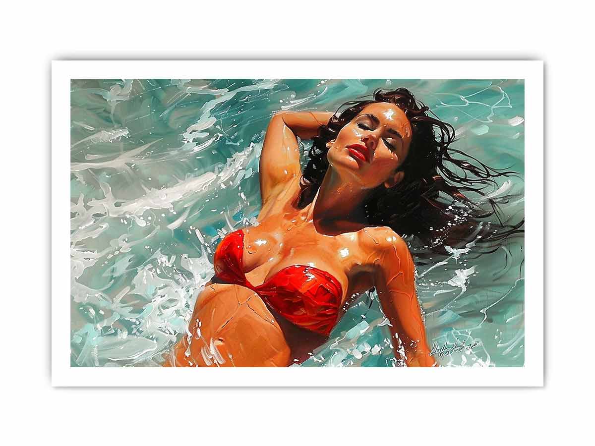 Glamorous woman in a red bikini floating through turquoise water for modern bedrooms decor.