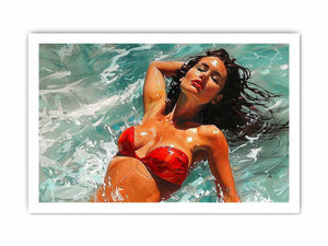 Glamorous woman in a red bikini floating through turquoise water for modern bedrooms decor.