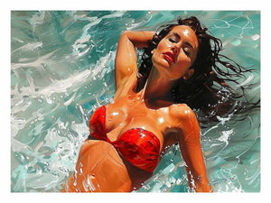Glamorous woman in a red bikini floating through turquoise water for modern bedrooms decor.