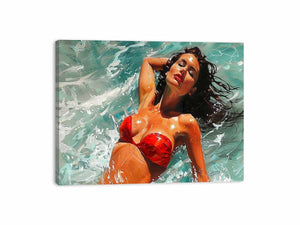 Glamorous woman in a red bikini floating through turquoise water for modern bedrooms decor.
