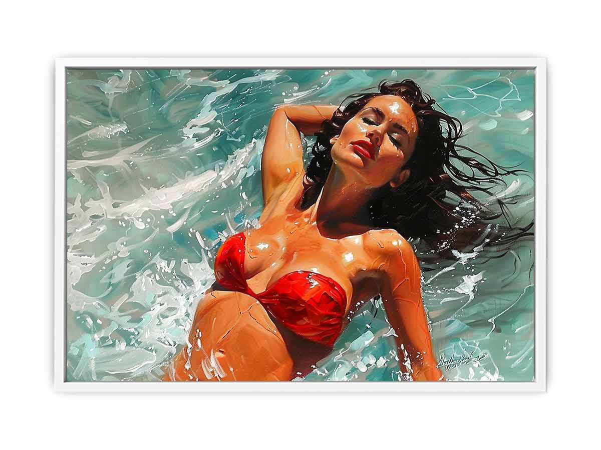 Glamorous woman in a red bikini floating through turquoise water for modern bedrooms decor.