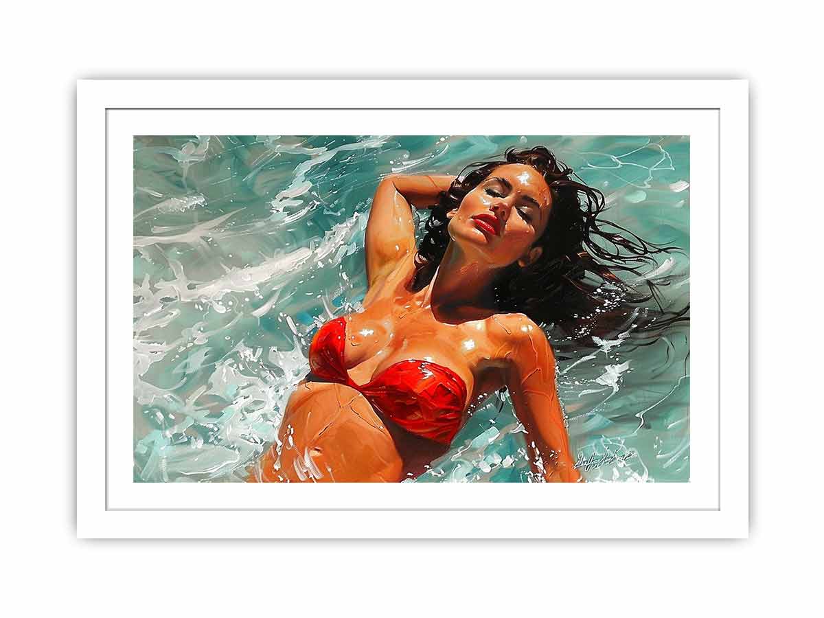 Glamorous woman in a red bikini floating through turquoise water for modern bedrooms decor.