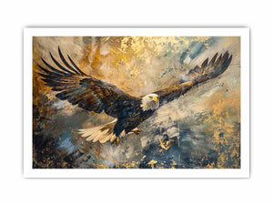 Bald eagle flying through an expressive gold and blue abstract sky for modern offices decor.