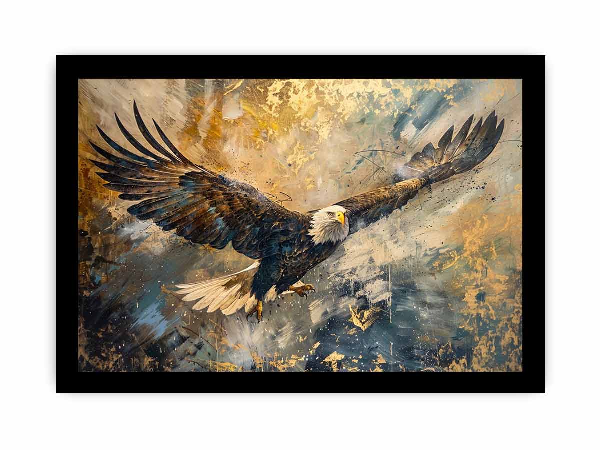 Bald eagle flying through an expressive gold and blue abstract sky for modern offices decor.