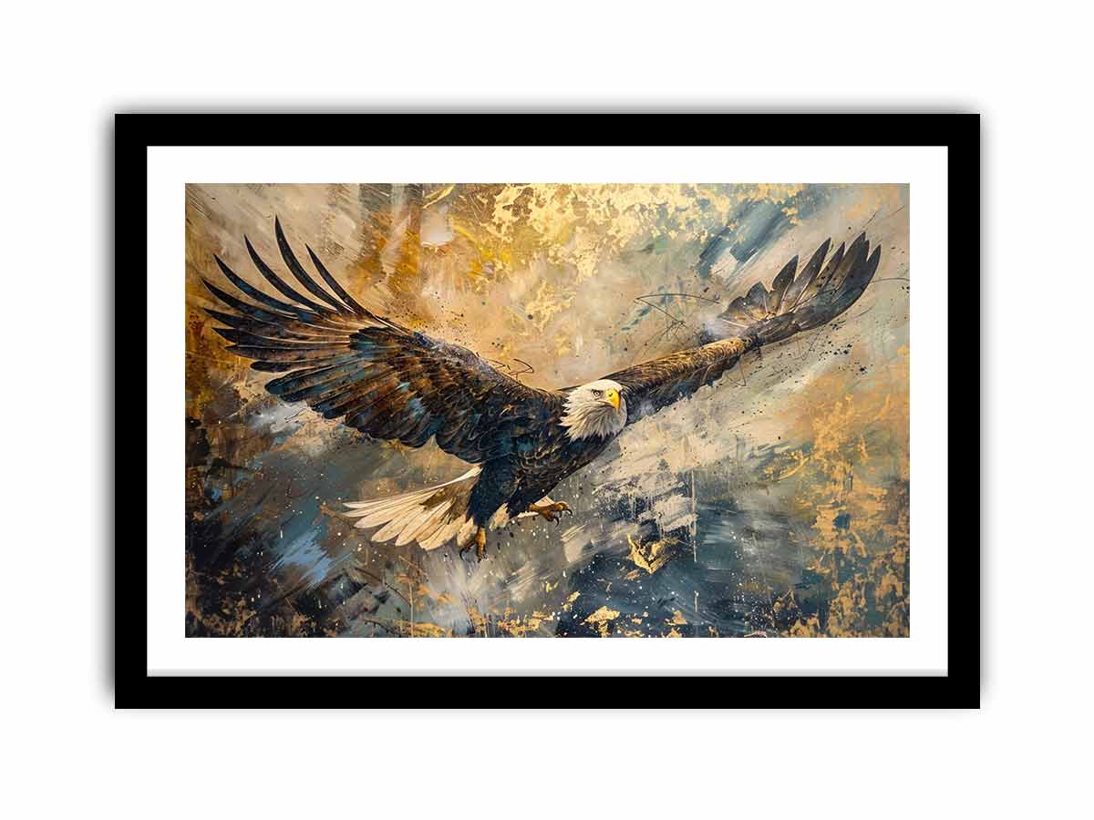 Bald eagle flying through an expressive gold and blue abstract sky for modern offices decor.