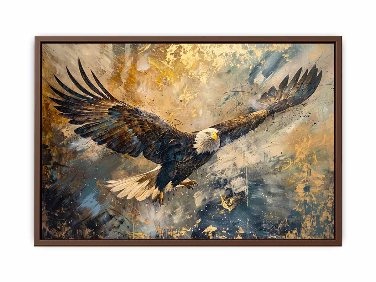 Bald eagle flying through an expressive gold and blue abstract sky for modern offices decor.