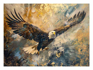Bald eagle flying through an expressive gold and blue abstract sky for modern offices decor.