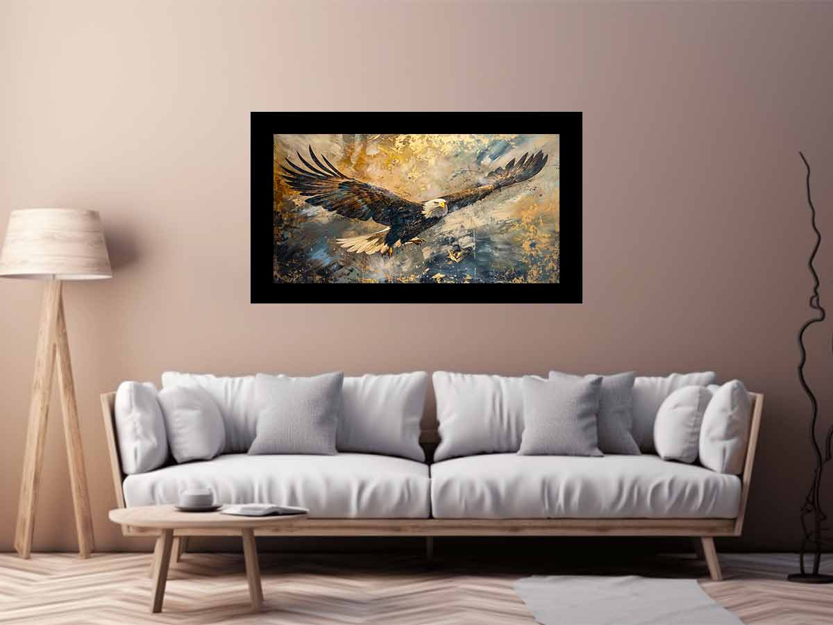 Bald eagle flying through an expressive gold and blue abstract sky for modern offices decor.