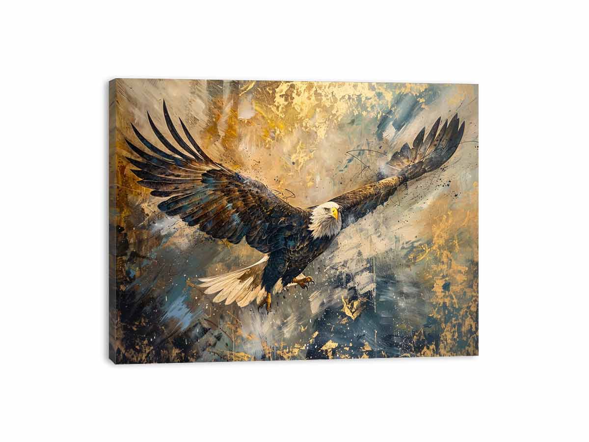 Bald eagle flying through an expressive gold and blue abstract sky for modern offices decor.