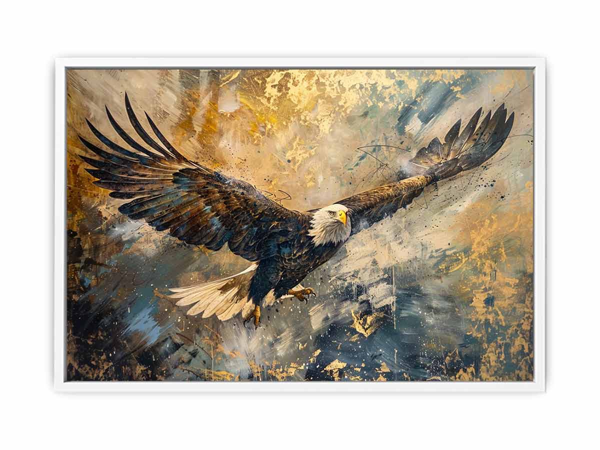 Bald eagle flying through an expressive gold and blue abstract sky for modern offices decor.