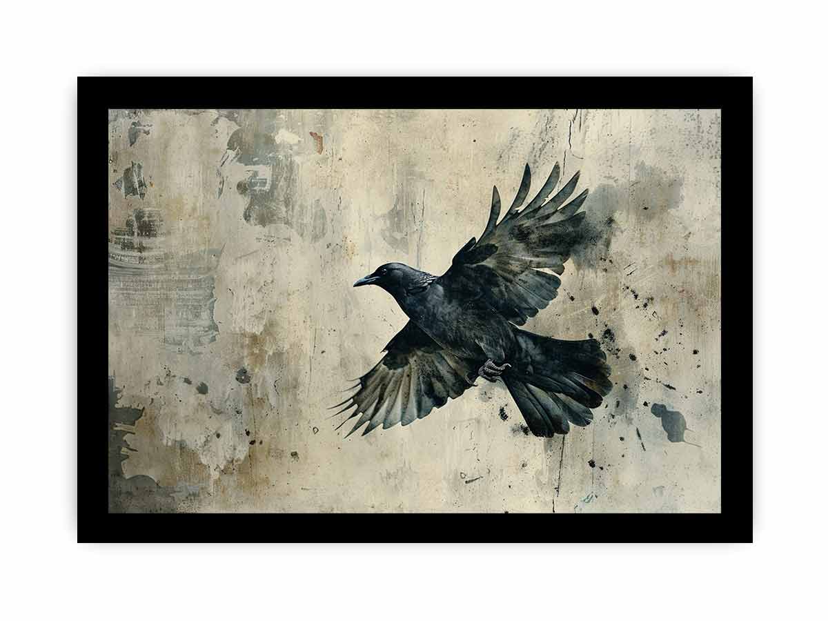 Black raven in flight against a weathered neutral wall for modern offices decor.