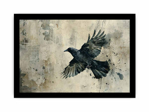 Black raven in flight against a weathered neutral wall for modern offices decor.