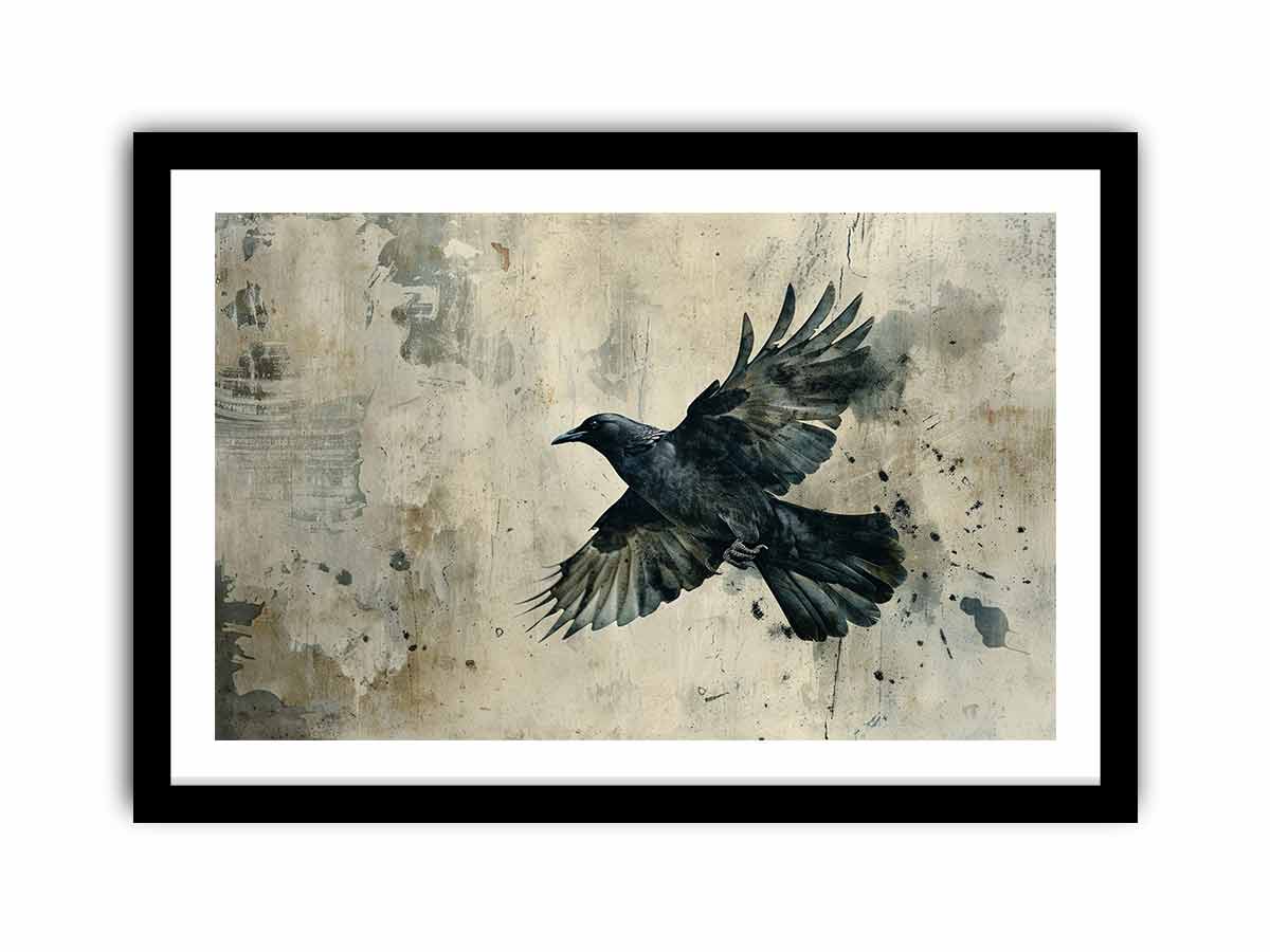 Black raven in flight against a weathered neutral wall for modern offices decor.