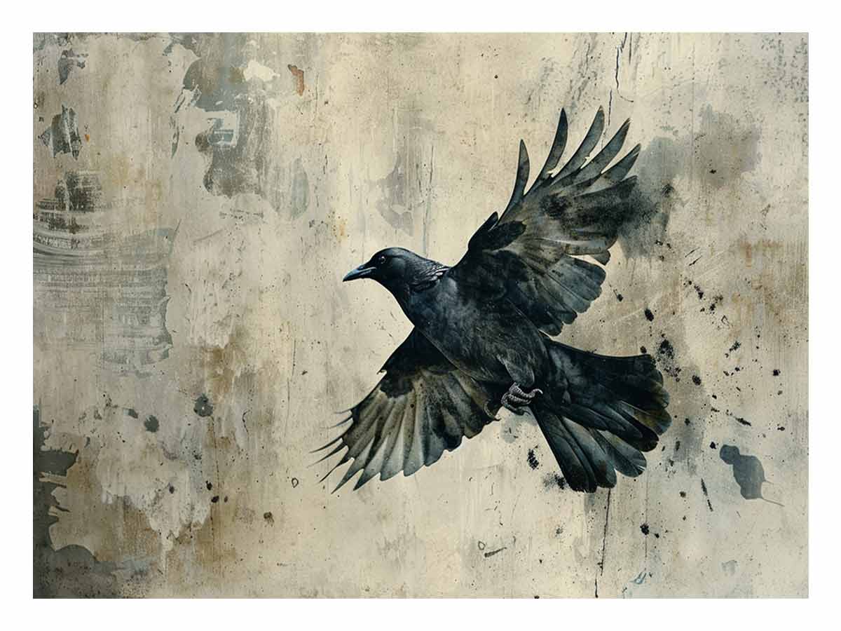 Black raven in flight against a weathered neutral wall for modern offices decor.