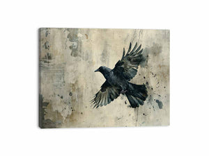Black raven in flight against a weathered neutral wall for modern offices decor.