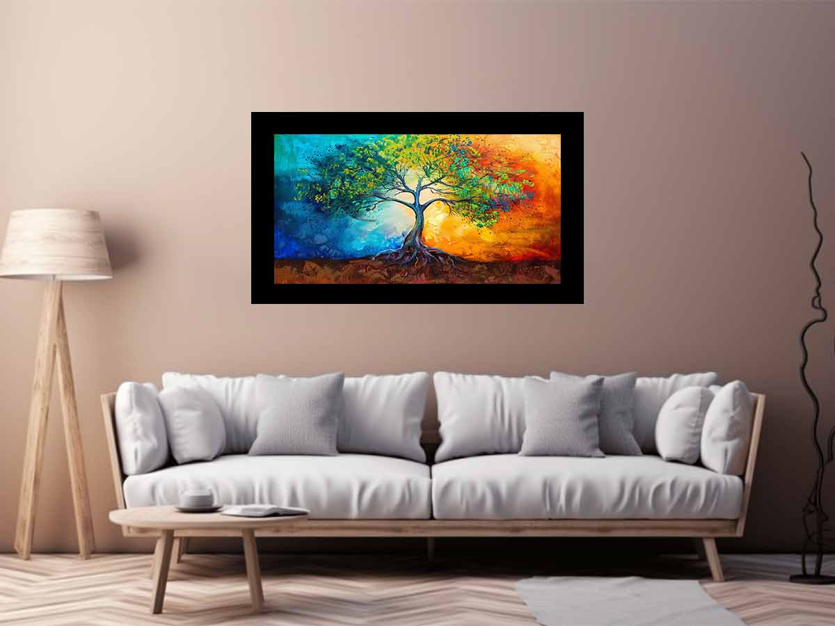 Vibrant tree with exposed roots across blue and orange abstract color fields for modern living rooms decor.