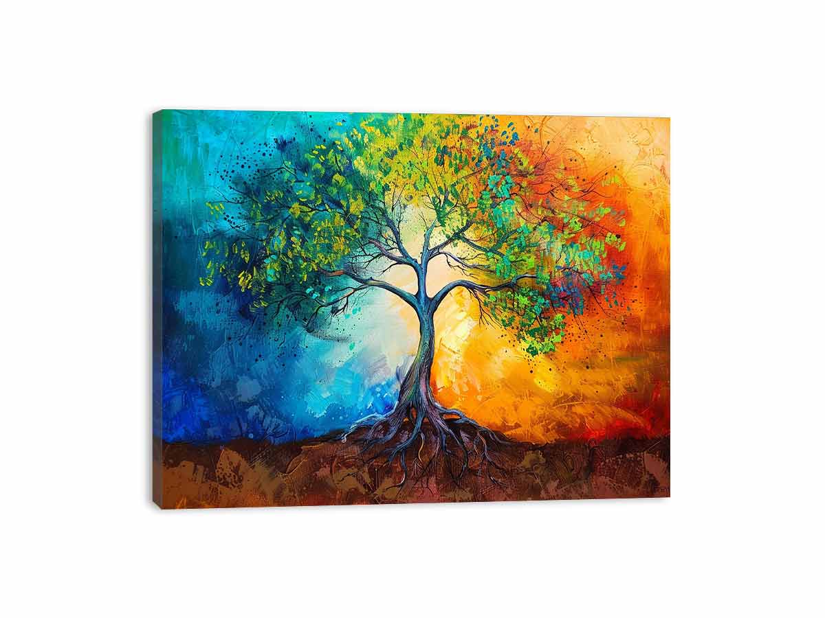 Vibrant tree with exposed roots across blue and orange abstract color fields for modern living rooms decor.